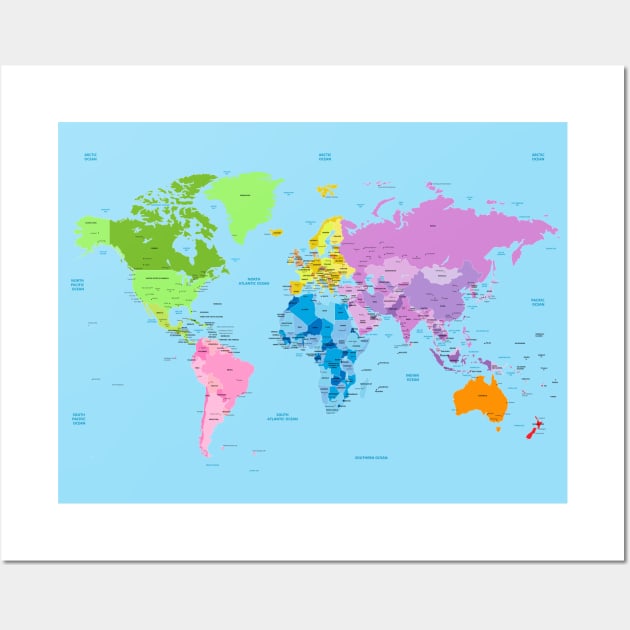 Bright World map listing capital cities Wall Art by EverlastingJourneys